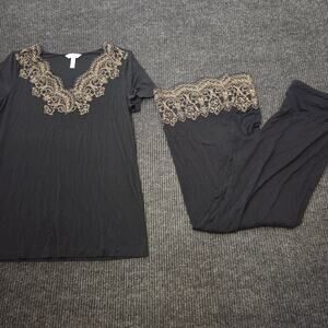 Soma Sleepwear Set Black Gold Bronze Embroidered Full Length Pants Sz M